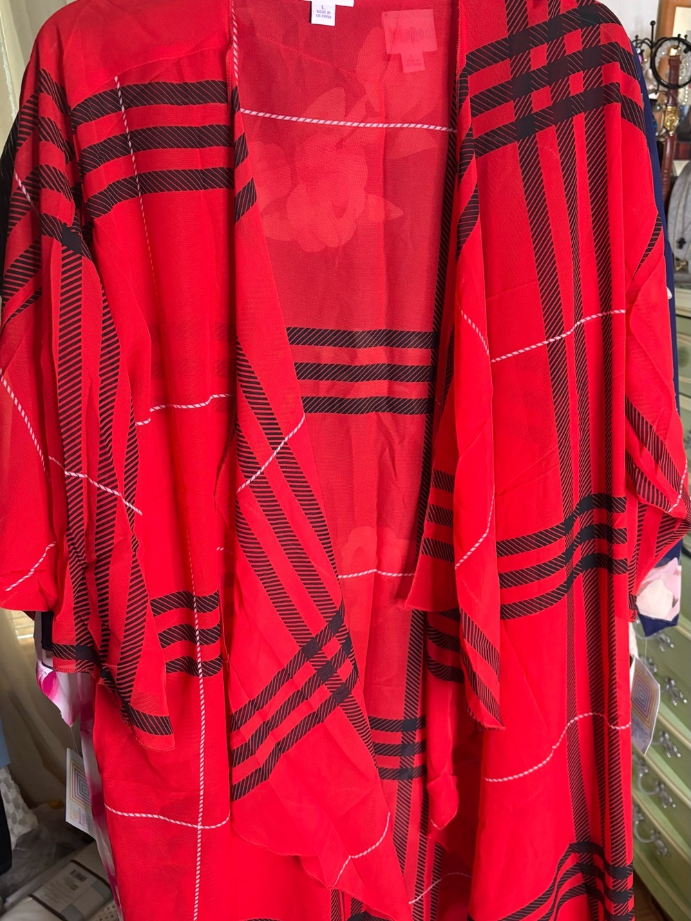 LuLaRoe Red Black Plaid Kimono Cardigan